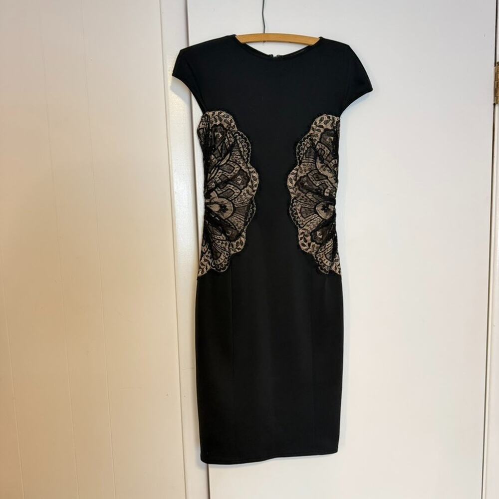 Tadashi Shoji Dress Womens 2 Black Nude Lace Sheath Cocktail Cap Sleeve Midi